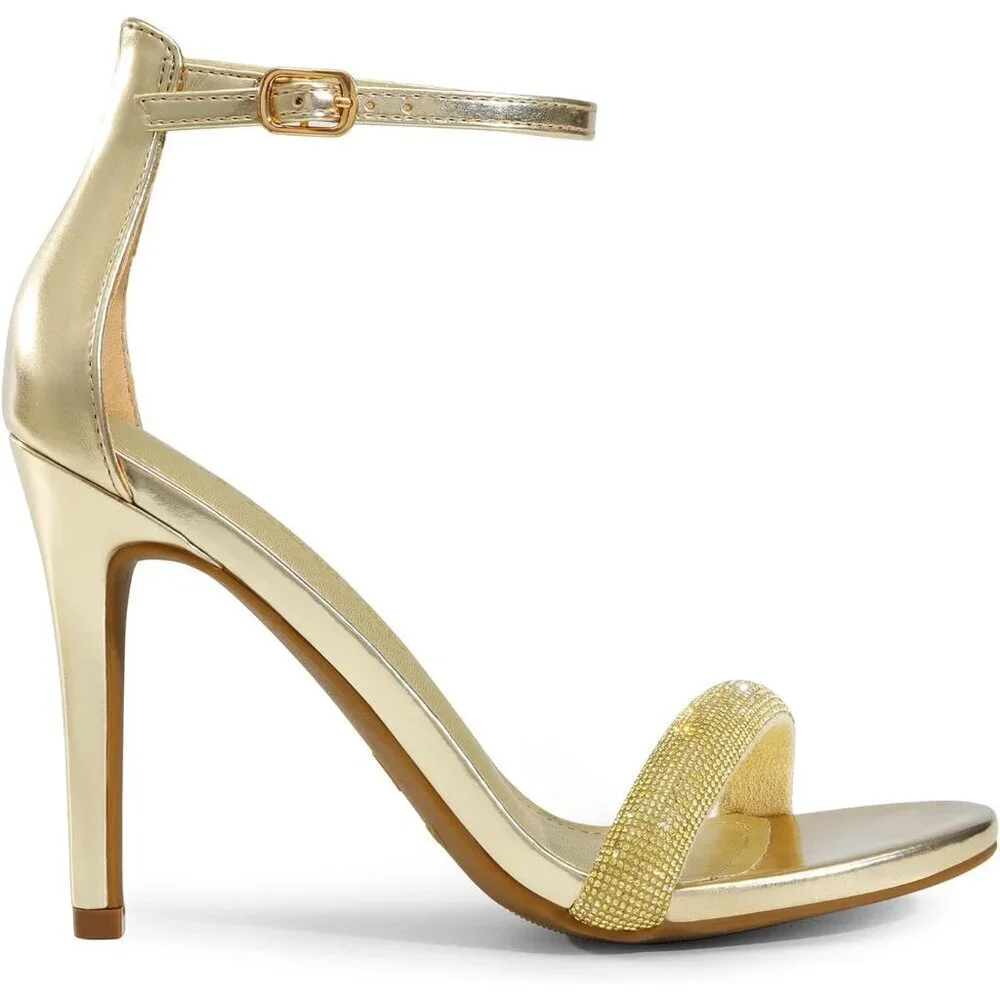 Women's Gold-Rhinestone Flower Ankle Strap Stiletto Round Open Toe Stylish Heel